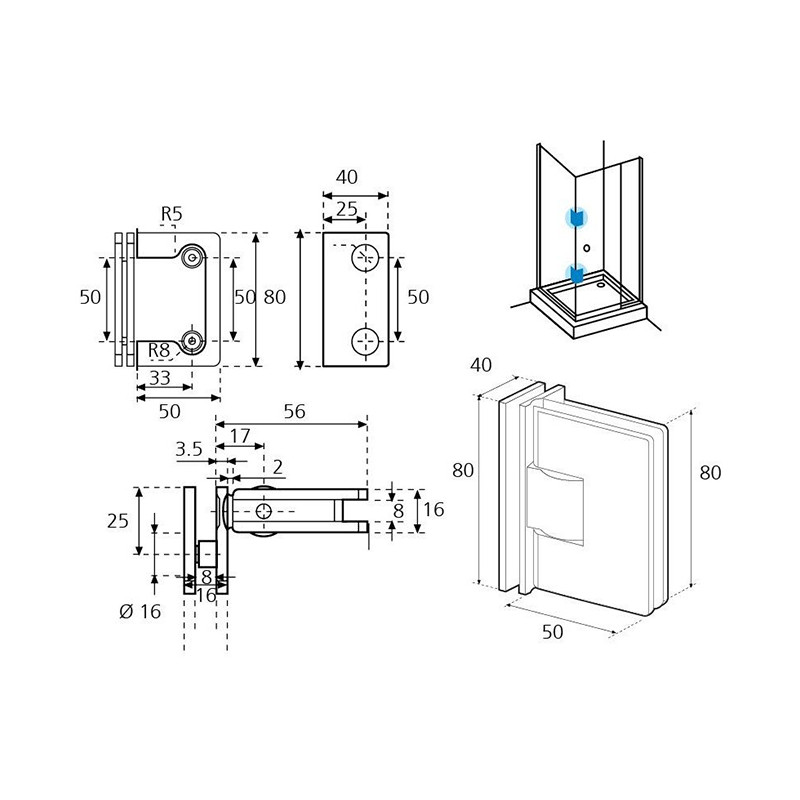 BISAGRA MAMPARA VIDRIO VIDRIO 90 26.0106 CRO 50090 CROMO GD - detalle 2