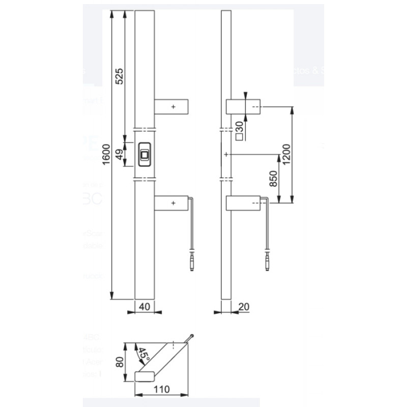TIRADOR NEGRO RECTANGULAR 45 CON HUELLA DACTILAR E5724BC 11980345 1600MM HP, detalle 2