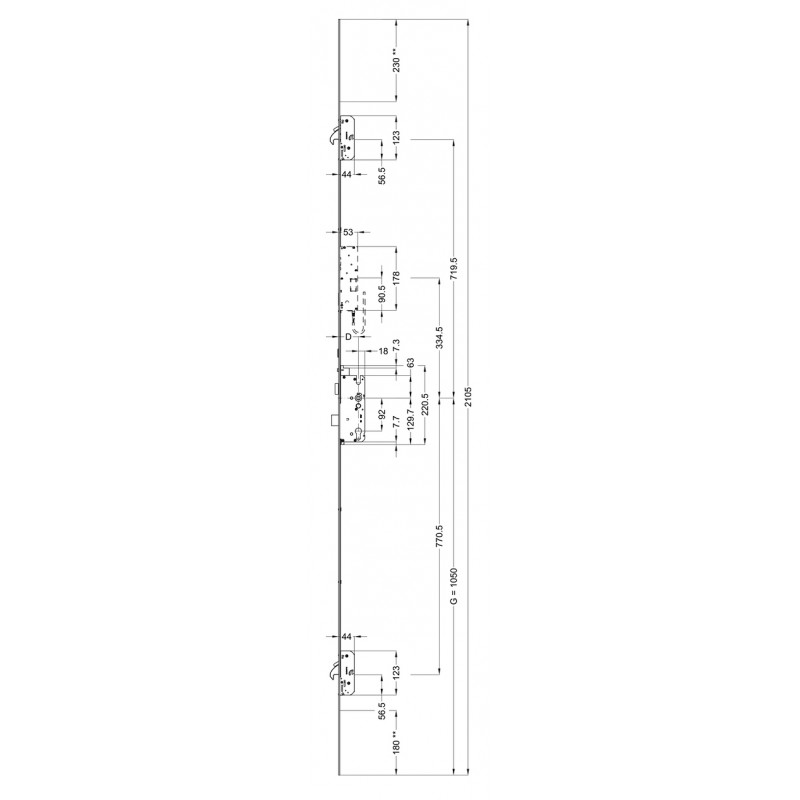 Cerradura 3 PUNTOS AUTOMATICA FRENTE PLANO 24 2 GANCHOS M2 AV4D 5099636L 55 IZQUIERDA 2100X24MM WK, detalle 2