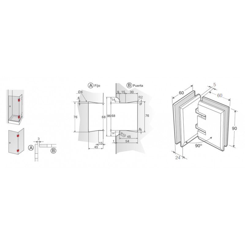 BISAGRA MAMPARA VIDRIO VIDRIO 90 26.0156 CRO BBD90 CB CROMO TR - detalle 2