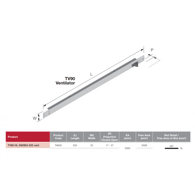 Aireador Trimvent 90 16 mm TA635 001 anodizado plata 525 mm — vista 2