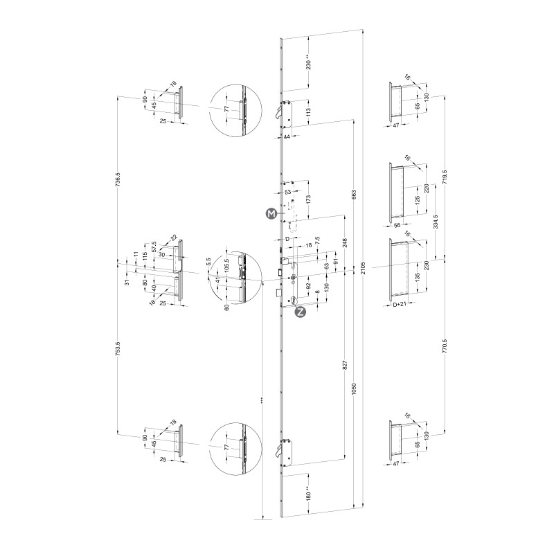 Cerradura 3 PUNTOS AUTOMATICA FRENTE PLANO 24 2 GANCHOS M2 AV4D 5098718 L35 IZQUIERDA 2100X24MM WK, detalle 2