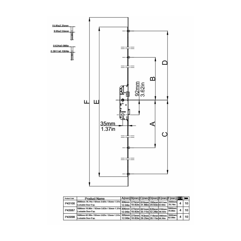CERRADURA PUERTA CALLE P43086 4 BULONES 92 45 2050mm TT - detalle 2