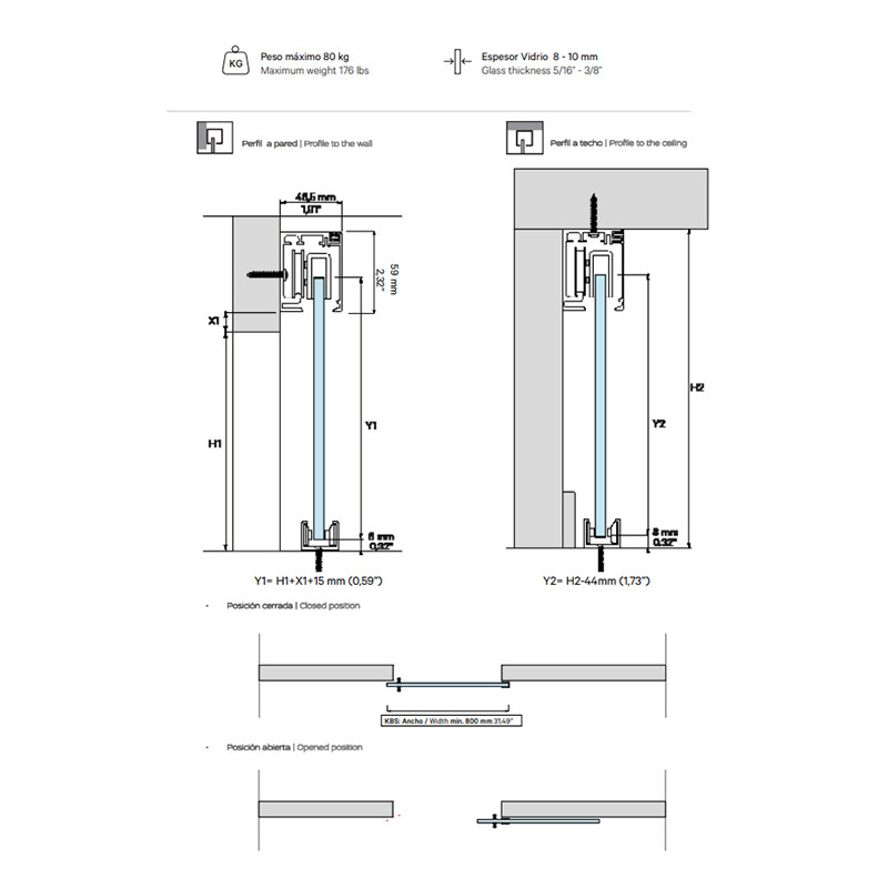 GUIA TECHO PARED 3332 SK GLASS 80 ANODIZADO PLATA 2 METROS KL - detalle 2