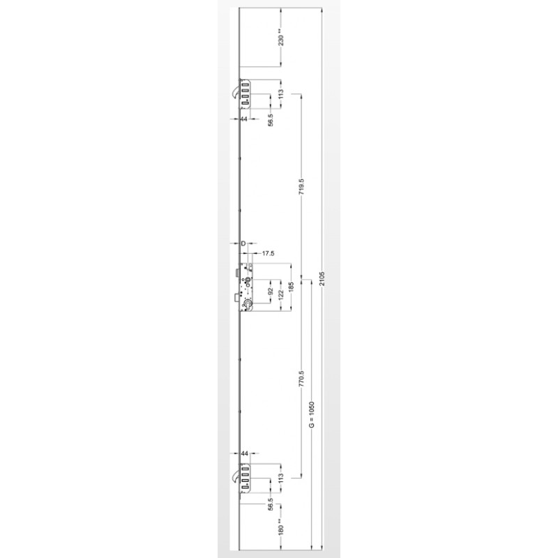 CERRADURA 3 PUNTOS FRENTE PLANO 24 PICAPORTE Y GANCHO M2 2309765 30 IZQUIERDA 2100X24MM WK - detalle 2