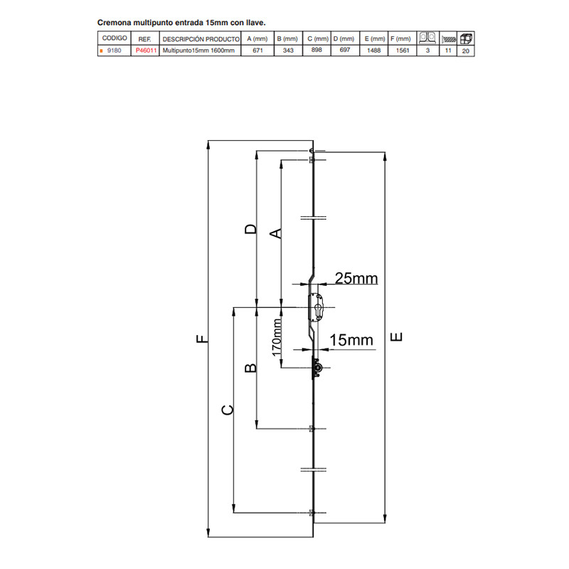 CREMONA MULTIPUNTO GANCHO LARGO CR TR 1600 E15 C LLAVE MAGNA EVO - detalle 3